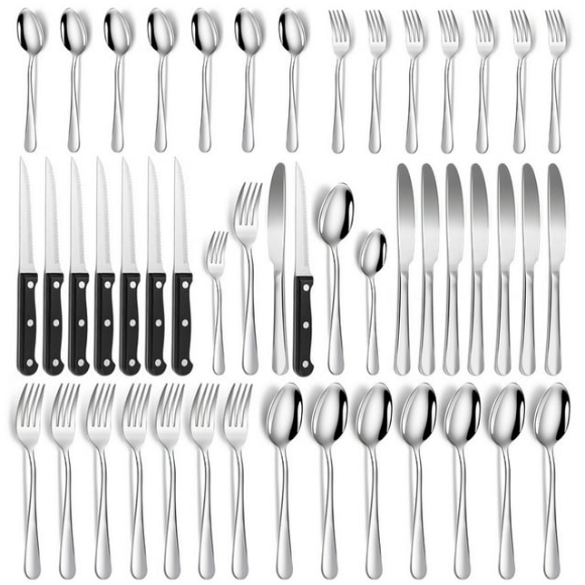 BP7- 48 Pcs Silverware Set with Steak Knives Service for 8,Stainless Steel Flatware Set,Mirror Polished Cutlery Utensil Set,Home Kitchen Eating Tableware Set,Include Fork Knife Spoon Set,Dishwasher Safe - Likeshoppe