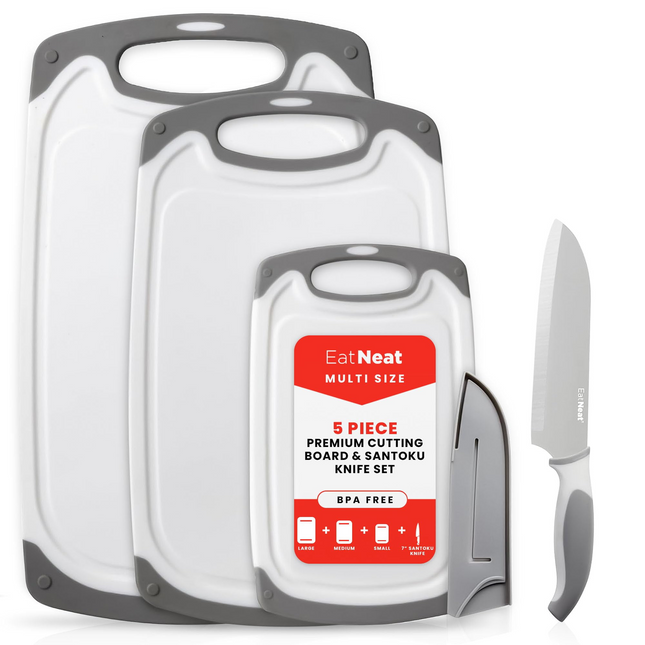 BV1- EatNeat 5-Piece Set - Non-Slip Cutting Boards & Stainless Steel Santoku Knife with Sheath. Perfect for Home Kitchen & Outdoor Food Preparation, Cutting & Slicing Meats, Vegetables & Fruits - Likeshoppe