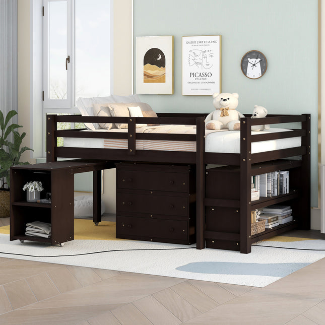 AS1- Low Study Full Loft Bed with Cabinet ; Shelves and Rolling Portable Desk ; Multiple Functions Bed - Likeshoppe