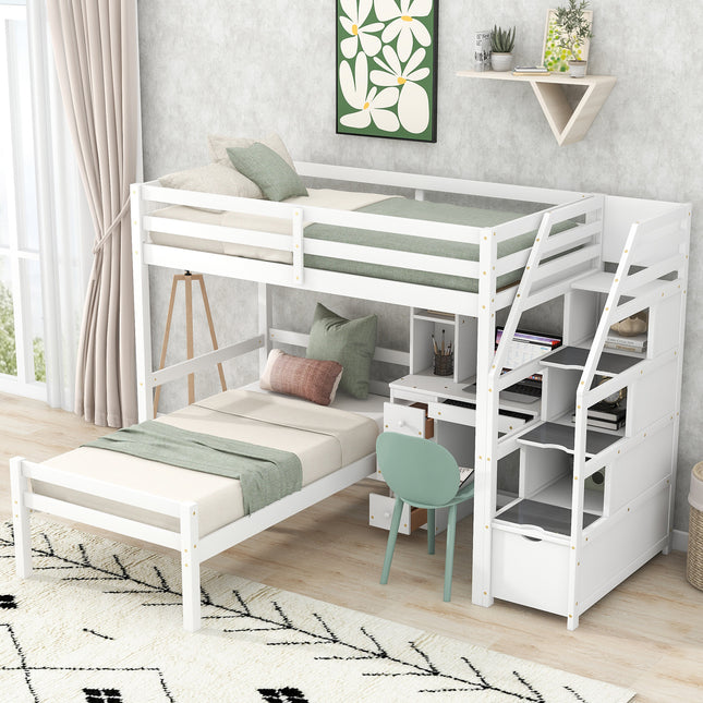 AS4- Twin Size Loft Bed with a Stand-alone Bed; Storage Staircase; Desk; Shelves and Drawers - Likeshoppe