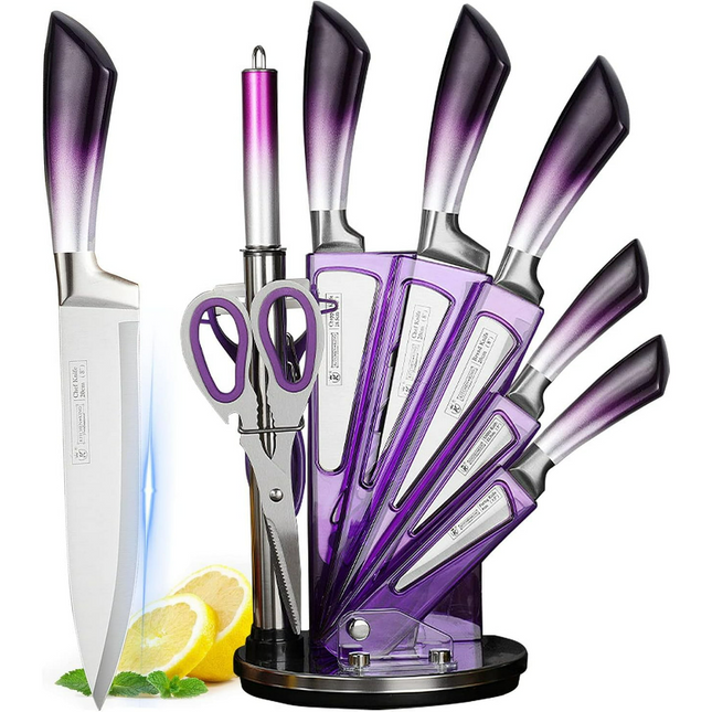 BN3- Knife Set, 9-Pieces Purple Gradient Handle Stainless Steel Chef Knife Set, Ultra Sharp Non-stick Cooking Knife Set with Acrylic Stand for Cutting Chopping Slicing Dicing - Likeshoppe