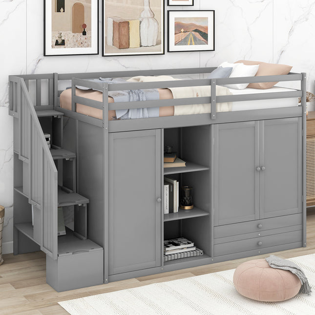 AS26- Functional Loft Bed with 3 Shelves; 2 Wardrobes and 2 Drawers; Ladder with Storage; No Box Spring Needed - Likeshoppe