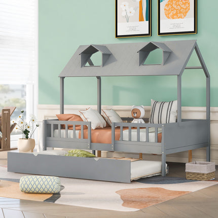 AS14- Full Size House Bed Wood Bed with Twin Size Trundle - Likeshoppe