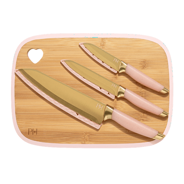 BV2- Paris Hilton 7-Piece Reversible Bamboo Heart Cutting Board and Stainless Steel Cutlery Set, Pink - Likeshoppe