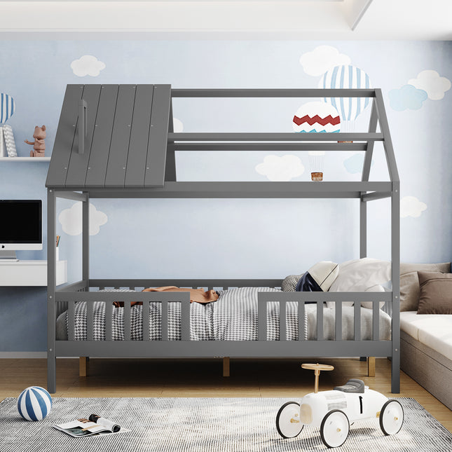 AS32- Full Size Wood House Bed with Fence - Likeshoppe