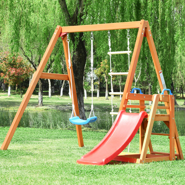 AZ3- Wooden Swing Set with Slide; Outdoor Playset Backyard Activity Playground Climb Swing Outdoor Play Structure for Toddlers; Ready to Assemble Wooden Swing-N-Slide Set Kids Climbers - Likeshoppe