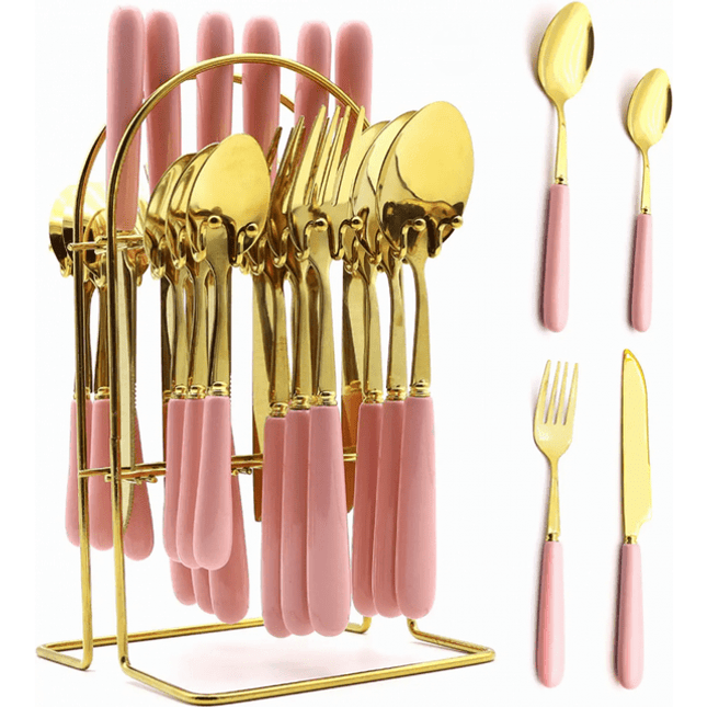 BP9- Gold Silverware Set, Caliamary 24 Pieces Flatware Set with Silverware Holder, Stainless Steel Knives and Forks and Spoons Cutlery Set Service for 6, Kitchen Utensil Tableware Set with Pink Handle - Likeshoppe