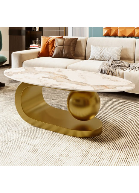 Modern Oval Marble Coffee Table with Gold Stainless Steel Base – 47" Luxury Table