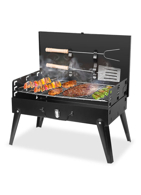 Portable Charcoal BBQ Grill Foldable Suitcase Camping Grill with Adjustable Heights for Outdoor Cooking