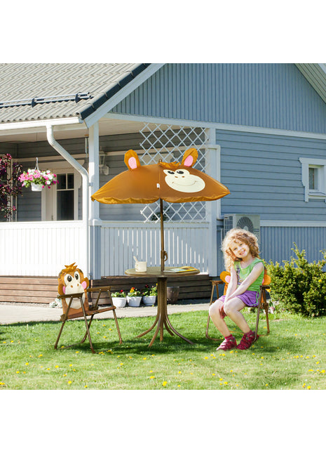 Kids Outdoor Table and Chair Set with Umbrella – Monkey 4-Piece Patio Furniture Set for Backyard Ages 3–6