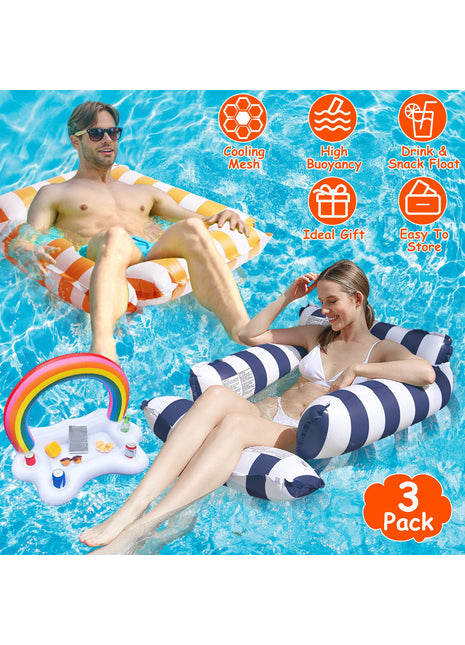 3PCS Inflatable Pool Float Set – Water Hammocks & Drink Snack Float with Air Pump