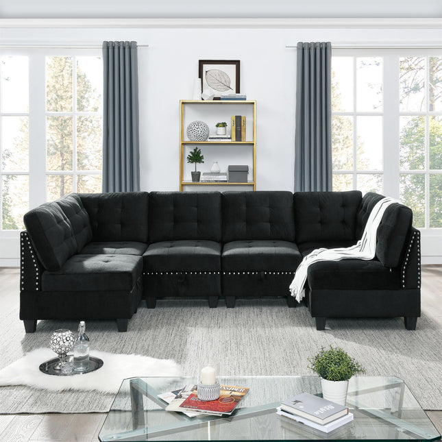 U shape Modular Sectional Sofa; DIY Combination; includes Four Single Chair and Two Corner; Black Velvet - Likeshoppe