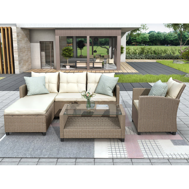 PX11- Outdoor; Patio Furniture Sets; 4 Piece Conversation Set Wicker Ratten Sectional Sofa with Seat Cushions - Likeshoppe
