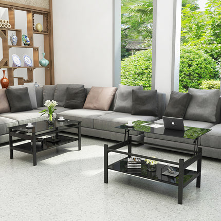 C6- Glass Lift Top Coffee Table; Modern Simple 2-Layer Tempered Glass Coffee Table for Living Room; Black - Likeshoppe