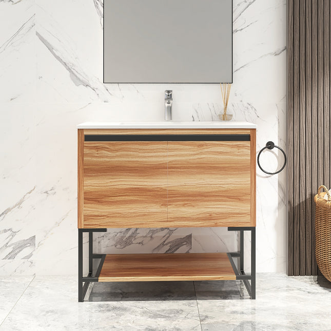 PT5- 32 inches Wood Freestanding Bathroom Vanity Combo with Integrated Ceramic Sink and 2 Soft Close Doors - Likeshoppe