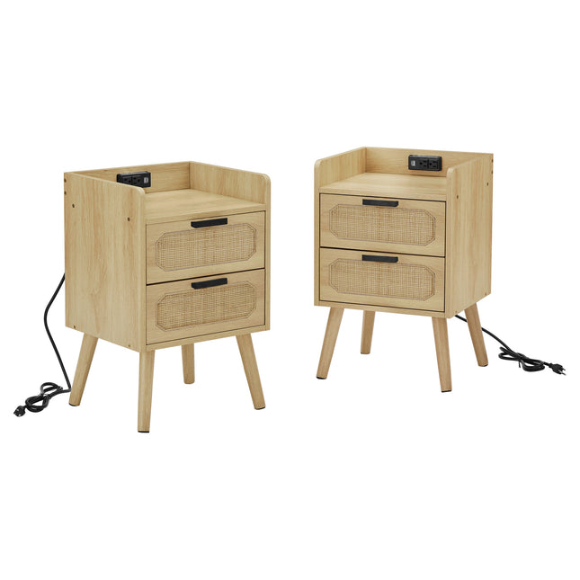 ST1- Rattan nightstand with socket side table natural handmade rattan(2PC; Natural ; 15.55''W*13.78''D*23.82''H) - Likeshoppe