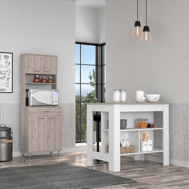 PA2- Calgary 2 Piece Kitchen Set, Kitchen Island + Pantry Cabinet , White /Light Gray - Likeshoppe