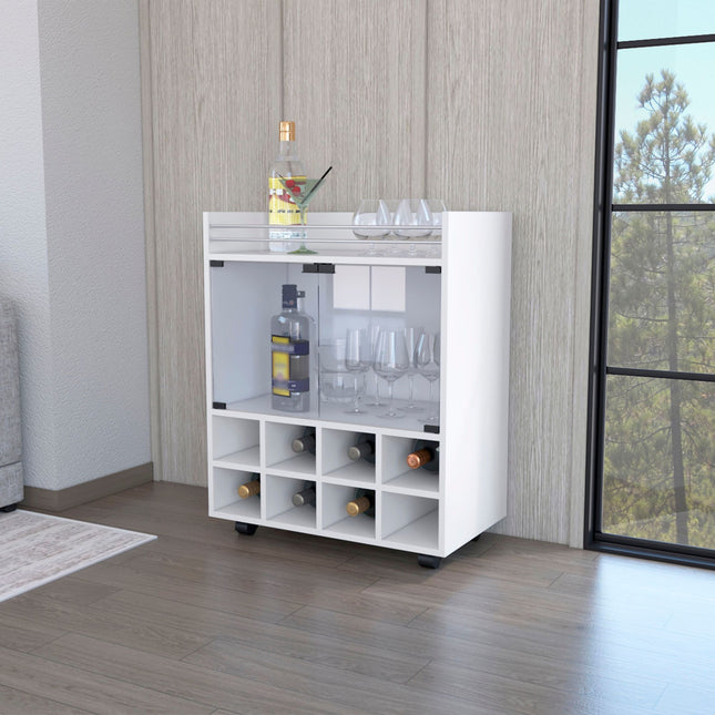 PB2- Minneapolis Bar Cart with Integrated 8-Bottle Rack, Glass Encased Cabinet and Aluminum Bar Top, White - Likeshoppe