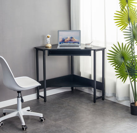 PW1- Triangle Computer Desk; Corner Desk With Smooth Keyboard Tray& Storage Shelves ; Compact Home Office; Small Desk With Sturdy Steel Frame As Workstation For Small Space; BLACK; 28.34''L 24''W 30.11''H - Likeshoppe