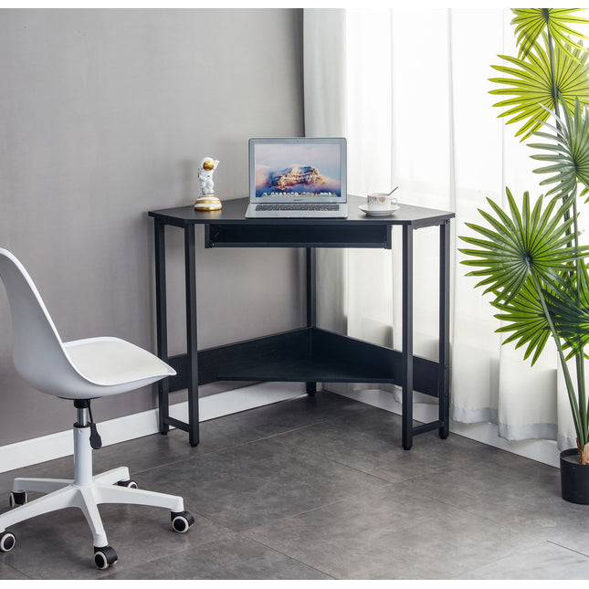 PW1- Triangle Computer Desk; Corner Desk With Smooth Keyboard Tray& Storage Shelves ; Compact Home Office; Small Desk With Sturdy Steel Frame As Workstation For Small Space; BLACK; 28.34''L 24''W 30.11''H - Likeshoppe