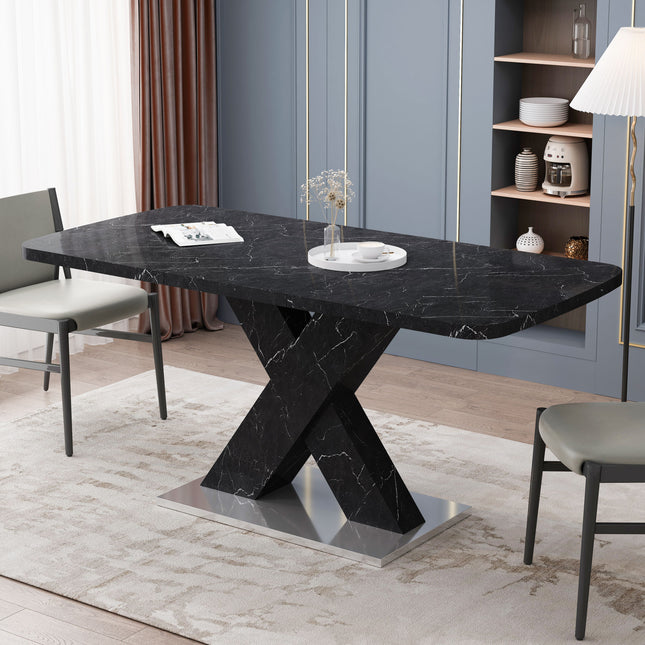 DT3- Modern Square Dining Table; Stretchable; Printed Black/white Marble Table Top+MDF X-Shape Table Leg with Metal Base - Likeshoppe