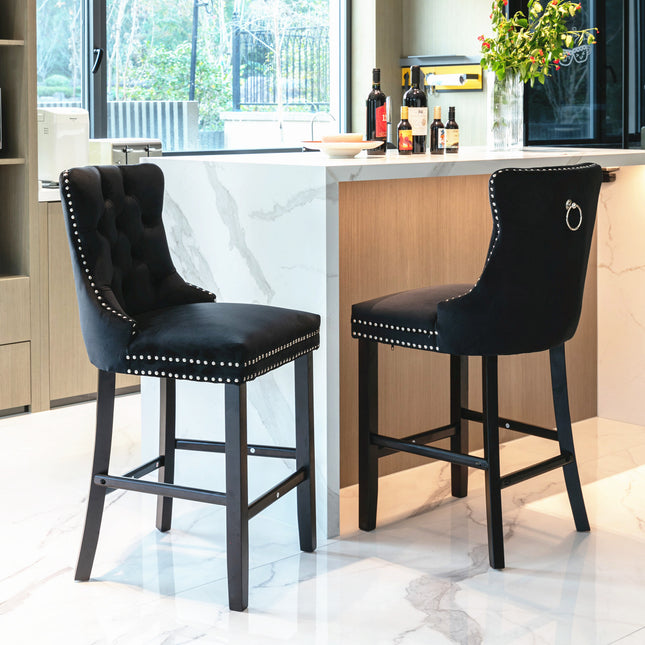 BS2- Furniture; Contemporary Velvet Upholstered Barstools with Button Tufted Decoration and Wooden Legs; and Chrome Nailhead Trim; Leisure Style Bar Chairs; Bar stools; Set of 2 - Likeshoppe