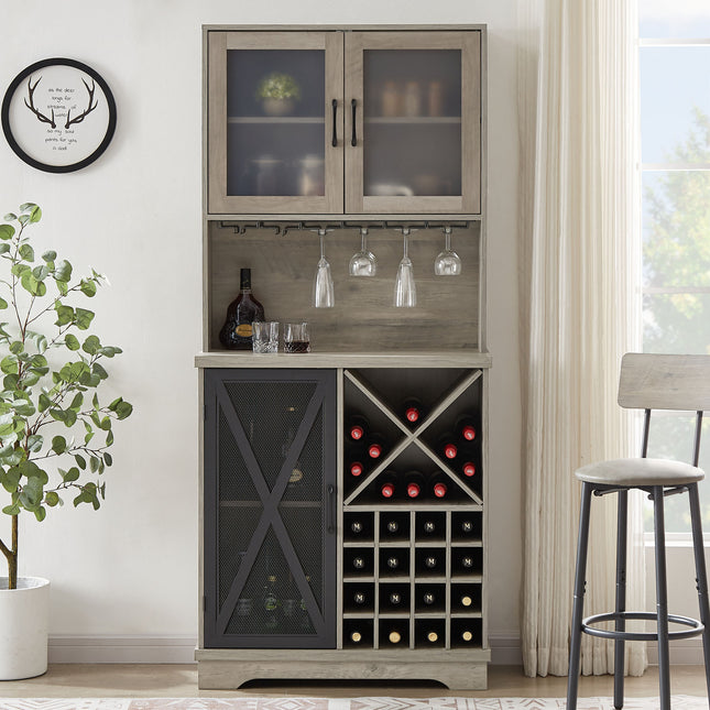 PB9- Farmhouse Wine Cabinet ; Large Capacity Kitchen Sideboard Storage Cabinet With Wine Rack And Glass Holder; Adjustable Shelf And 16 Square Compartments - Likeshoppe