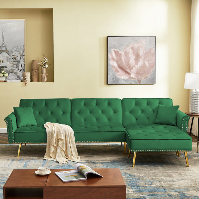 U6- Modern Velvet Upholstered Reversible Sectional Sofa Bed , L-Shaped Couch with Movable Ottoman and Nailhead Trim For Living Room. (Green) - Likeshoppe