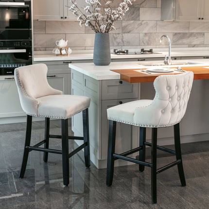 BS4- Contemporary Velvet Upholstered Wing-Back Barstools with Button Tufted Decoration and Wooden Legs; and Chrome Nailhead Trim; Leisure Style Bar Chairs; Bar stools; Set of 2 - Likeshoppe