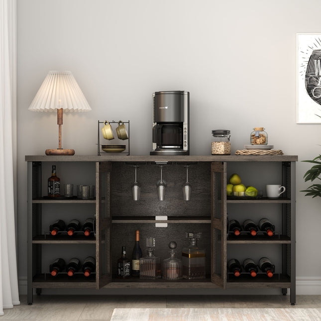CB1- Wine Bar Cabinet for Liquor and Glasses, Rustic Wood Wine Bar Cabinet with Storage , Multifunctional Floor Wine Cabinet for Living Room(55 Inch, Black Gray) - Likeshoppe