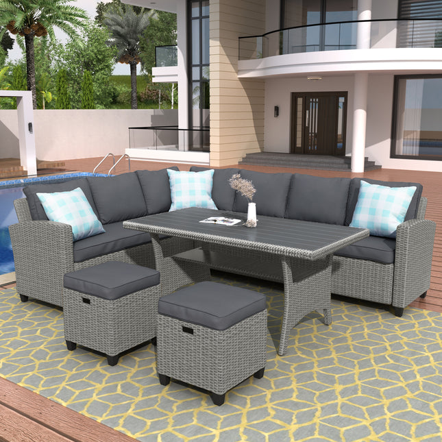 PX18- Patio Furniture Set; 5 Piece Outdoor Conversation Set; Dining Table Chair with Ottoman and Throw Pillows - Likeshoppe