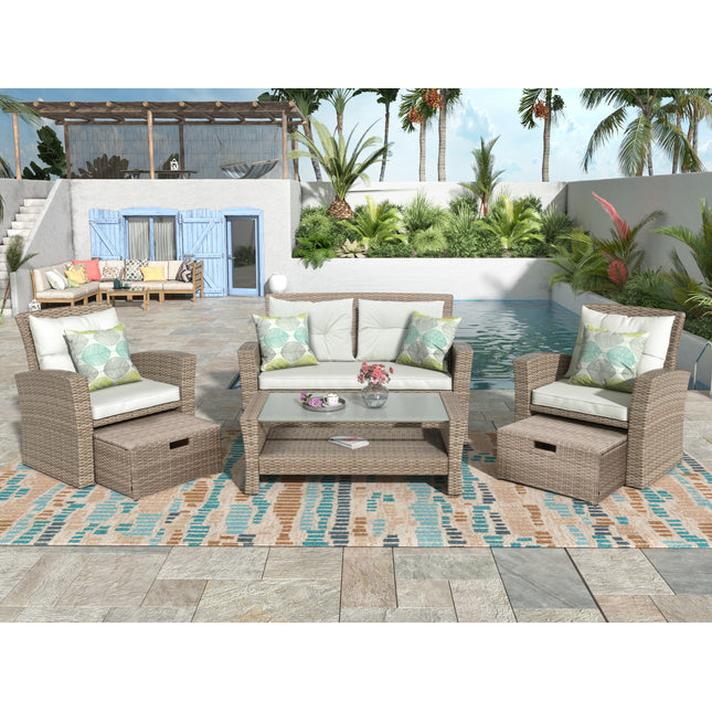 PX8- Patio Furniture Set; 4 Piece Outdoor Conversation Set All Weather Wicker Sectional Sofa with Ottoman and Cushions - Likeshoppe