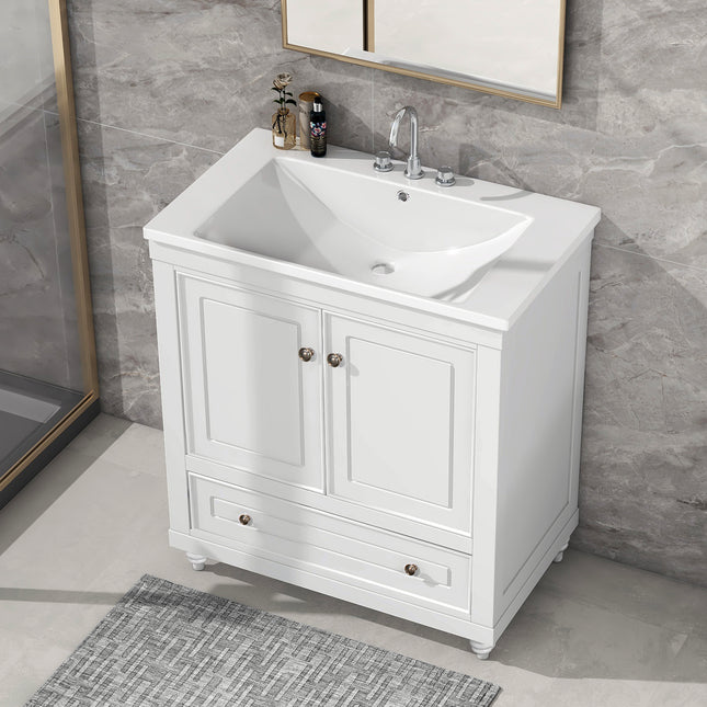 PT7- 30" Bathroom Vanity with Sink; Combo; Cabinet with Doors and Drawer; Solid Frame and MDF Board; White - Likeshoppe