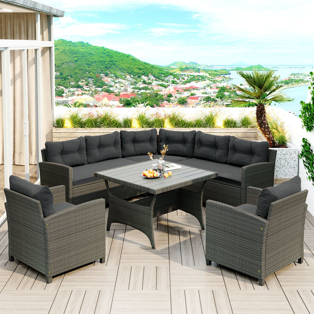 PX14- 6-Piece Outdoor Wicker Sofa Set, Patio Rattan Dinning Set, Sectional Sofa with Thick Cushions and Pillows, Plywood Table Top, For Garden, Yard, Deck - Likeshoppe