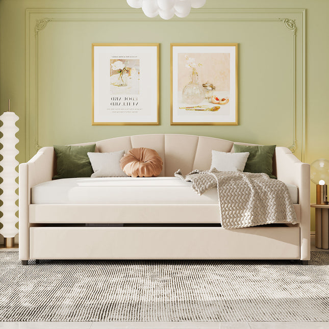 U3-Upholstered Daybed Sofa Bed Twin Size With Trundle Bed and Wood Slat - Likeshoppe