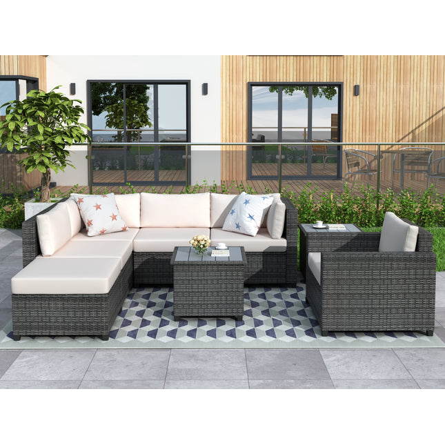PX10- 8 Piece Rattan Sectional Seating Group with Cushions; Patio Furniture Sets; Outdoor Wicker Sectional - Likeshoppe