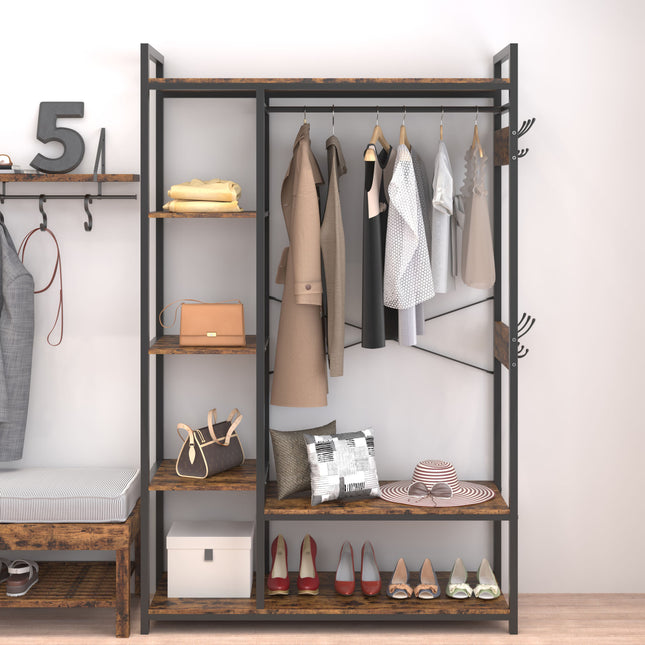 PQ1- Free-Standing Closet Organizer with Storage Box & Side Hook; Portable Garment Rack with 6 Shelves and Hanging Rod; Black Metal Frame&Rustic Board Finish; Hanging Closet Shelves (Rustic Brown). - Likeshoppe