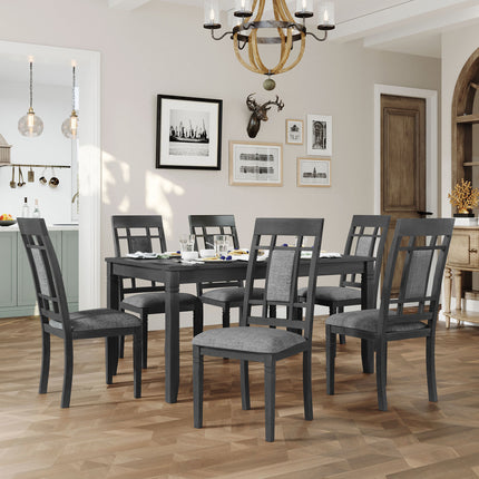 DS3- 7-Piece Farmhouse Rustic Wooden Dining Table Set Kitchen Furniture Set with 6 Padded Dining Chairs - Likeshoppe