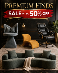 Luxury furniture sale banner featuring modern sofa, accent chair, lounge chair and executive office chair with premium finds up to 50% off promotion