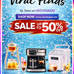Likeshoppe Viral Finds sale featuring trending kitchen gadgets including glass tea maker, espresso coffee machine and ice maker with up to 50% off deals