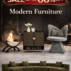 Modern furniture sale up to 60% off featuring luxury sectional sofa, accent chair, cabinet and modern fireplace decor
