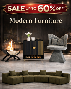 Modern furniture sale up to 60% off featuring luxury sectional sofa, accent chair, cabinet and modern fireplace decor