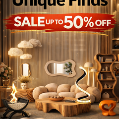 Likeshoppe Unique Finds sale featuring artistic modern furniture including sculptural sofa, designer coffee table, decorative shelving and modern lighting with up to 50% off deals