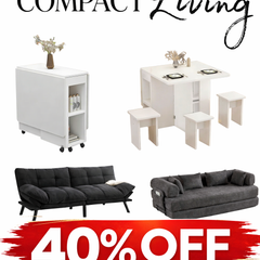 Compact living furniture sale banner featuring space-saving storage cabinet, foldable dining table set, and modern sofas with 40% off promotion.