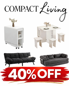 Compact living furniture sale banner featuring space-saving storage cabinet, foldable dining table set, and modern sofas with 40% off promotion.