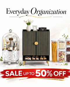Modern home organization essentials sale featuring storage cabinet, makeup organizer, and stackable food storage containers with up to 50% off promotion 