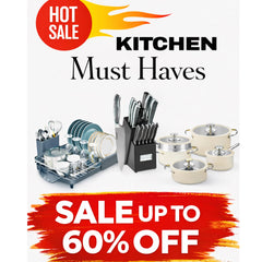Kitchen must-have essentials sale banner featuring cookware set, knife block set and dish drying rack with hot sale up to 60% off
