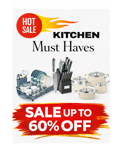 Kitchen must-have essentials sale banner featuring cookware set, knife block set and dish drying rack with hot sale up to 60% off