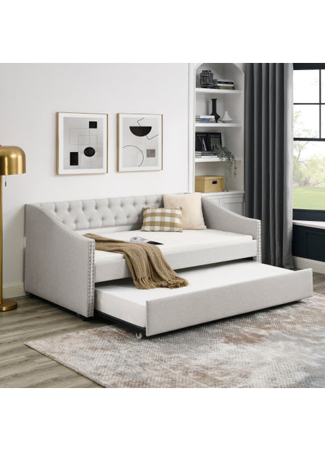 Likeshoppe Daybed with Trundle – Upholstered Mid-Century Sofa Bed with Button Tufted Back, Beige