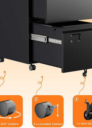 2 Drawer Mobile File Cabinet with Lock – Rolling Metal Under Desk Filing Cabinet